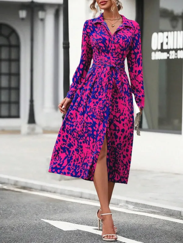 Elegant Random Print Button Down Shirt Dress Women's Long Sleeve Belted Waist Midi Dress Spring Fall Office Casual Dress — image 3