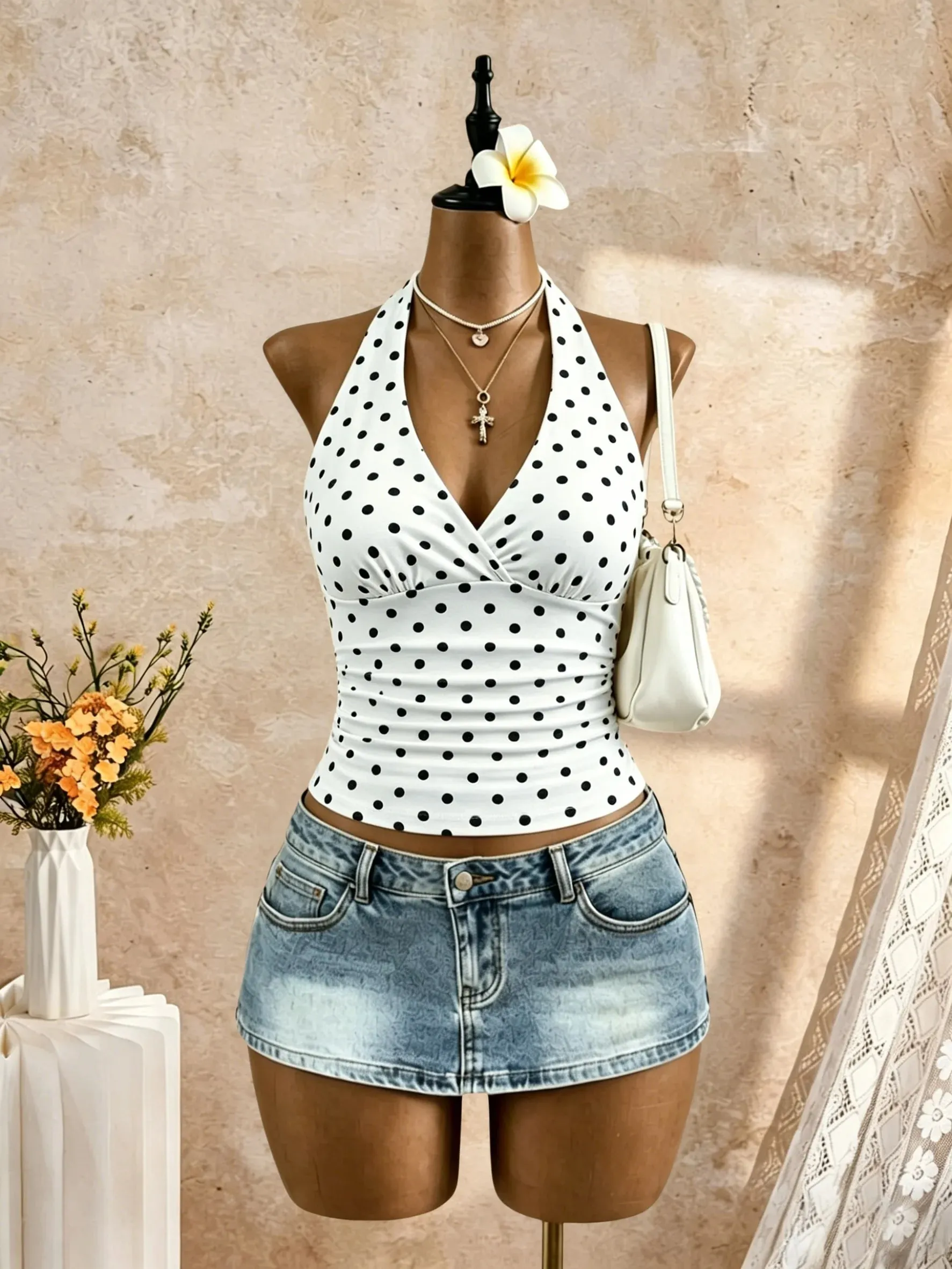Women Halter Deep V Neck Wrap Front Side Ruched Waist Sleeveless Crop Cami Top Solid White Slim Fit Summer Beach Vacation Casual — image 8