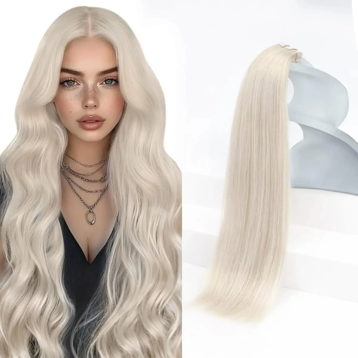 VeSunny Tape in Hair Extensions Real Human Hair Invisible Remy Hair Extensions Tape Ins for Women White Platinum Blonde 26 Inch