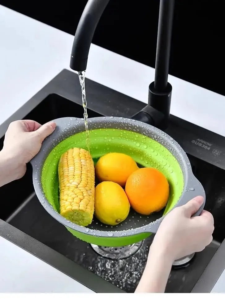 Green Single-Piece Collapsible Silicone Strainer - Multi-Purpose Colander for Pasta Fruits Vegetables Kitchen Travel — image 4