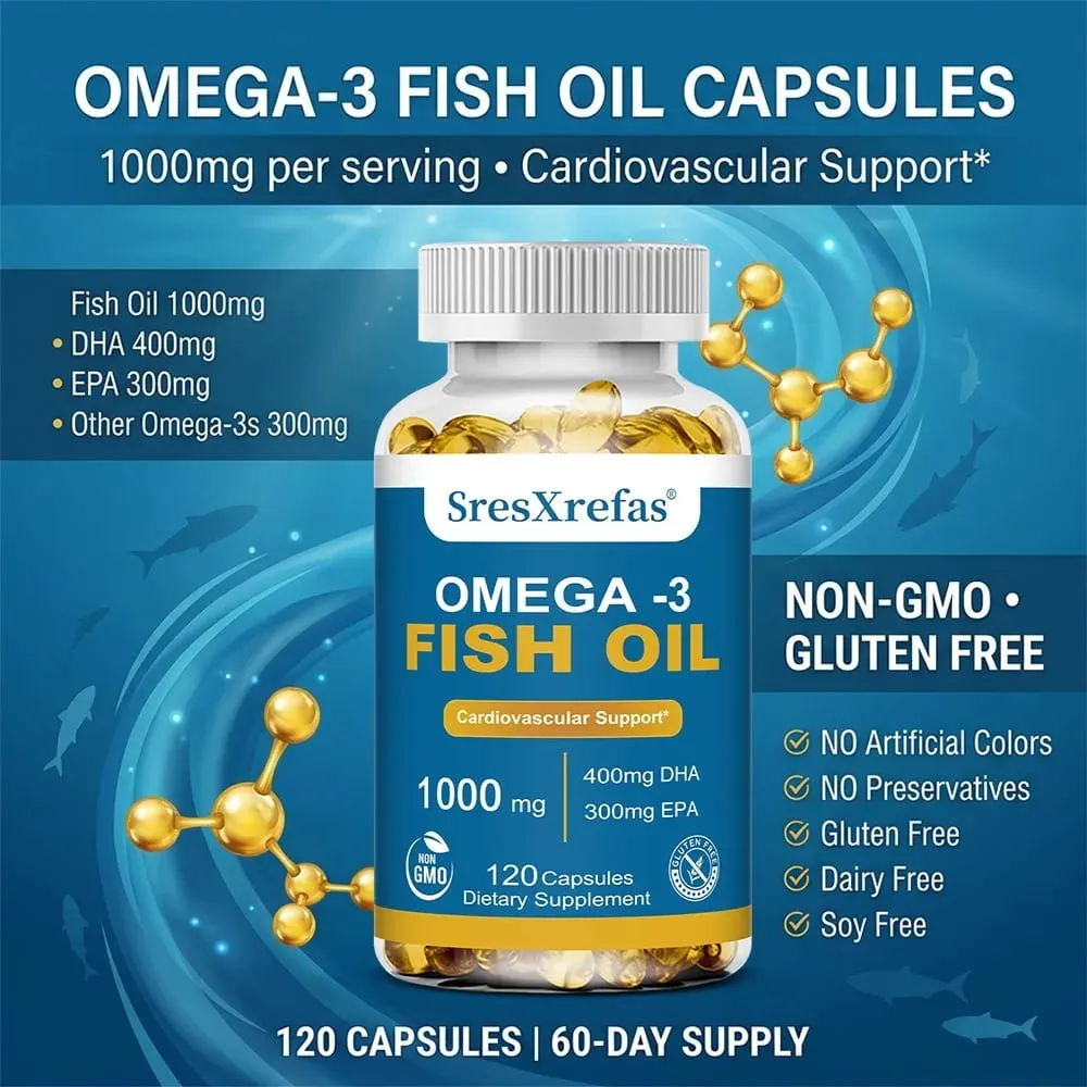 Fish Oil 1000 Mg | Omega 3 + EPA & DHA | Brain Heart Joints Skin and Immune Support | 120 Count Non-GMO Softgels Supplements — image 2