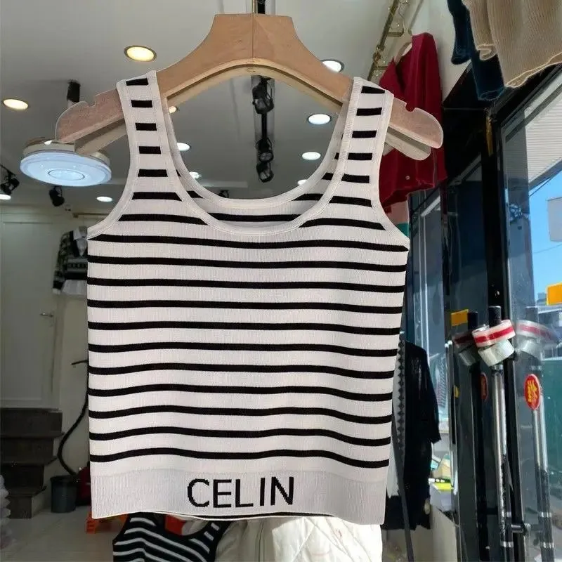 Spring and Summer New Korean-style Hem Letter Stripes Slimming Knitted Halter Top Versatile Slimming Solid Color Vest for Women — image 2