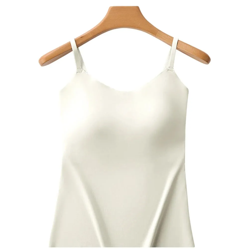 M-XL Summer Ice Silk Camisole Top With Build-in Bra Women Plus Size Long-Length Tank Tops One-Piece Slimming Tanks Bra Underwear