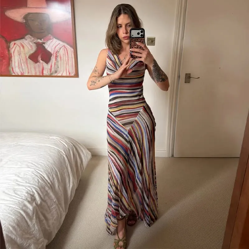 2026 Summer Colorful Stripe Long Dresses for Women Chic Sleeveless Female Midi Dress Fashion New Lady Vacation Beach Vestidos
