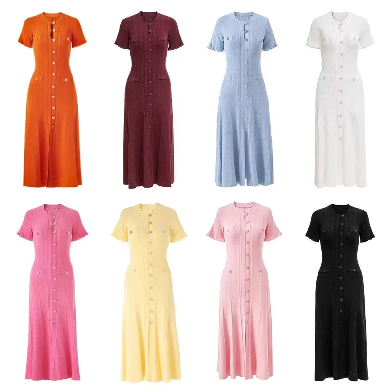 Summer Elegant Lady Knitted Single Breasted Long Dresses Women Solid Short Sleeve O Neck Button Bodycon Party Female Vestidos — image 2