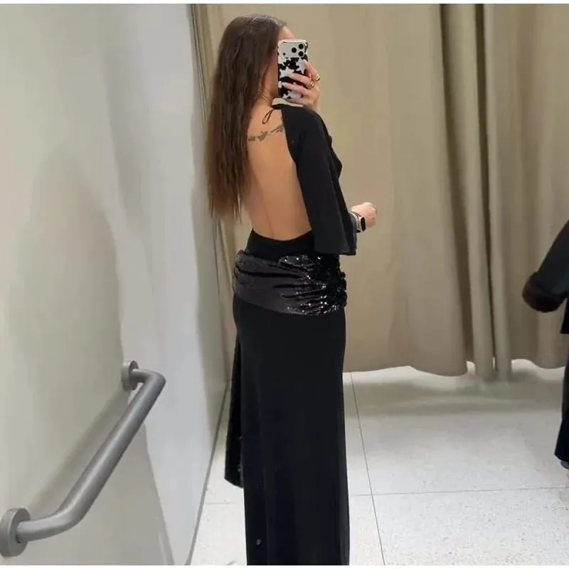 Women Backless Sequin Patchwork Maxi Dress Elegant Wide Sleeve Long Gowns Feminine New Fashion Evening Party Daily Robes — image 2
