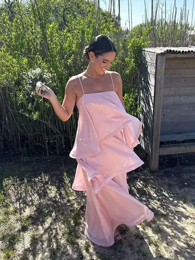 Women Pink Ruffled Strapless Dress Sleeveless Backless Loose Long elegant robes 2025 Lady Vacation Beach Party Evening Gown New — image 2