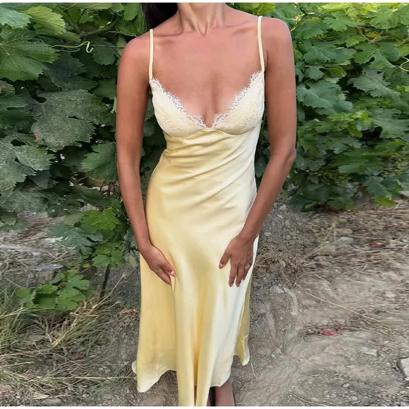 Backless Satin Long Sling Dress Women V Neck Sleeveless Slit Solid Sexy Party Dresses 2026 Summer Lady Vacation Evening Robes — image 9