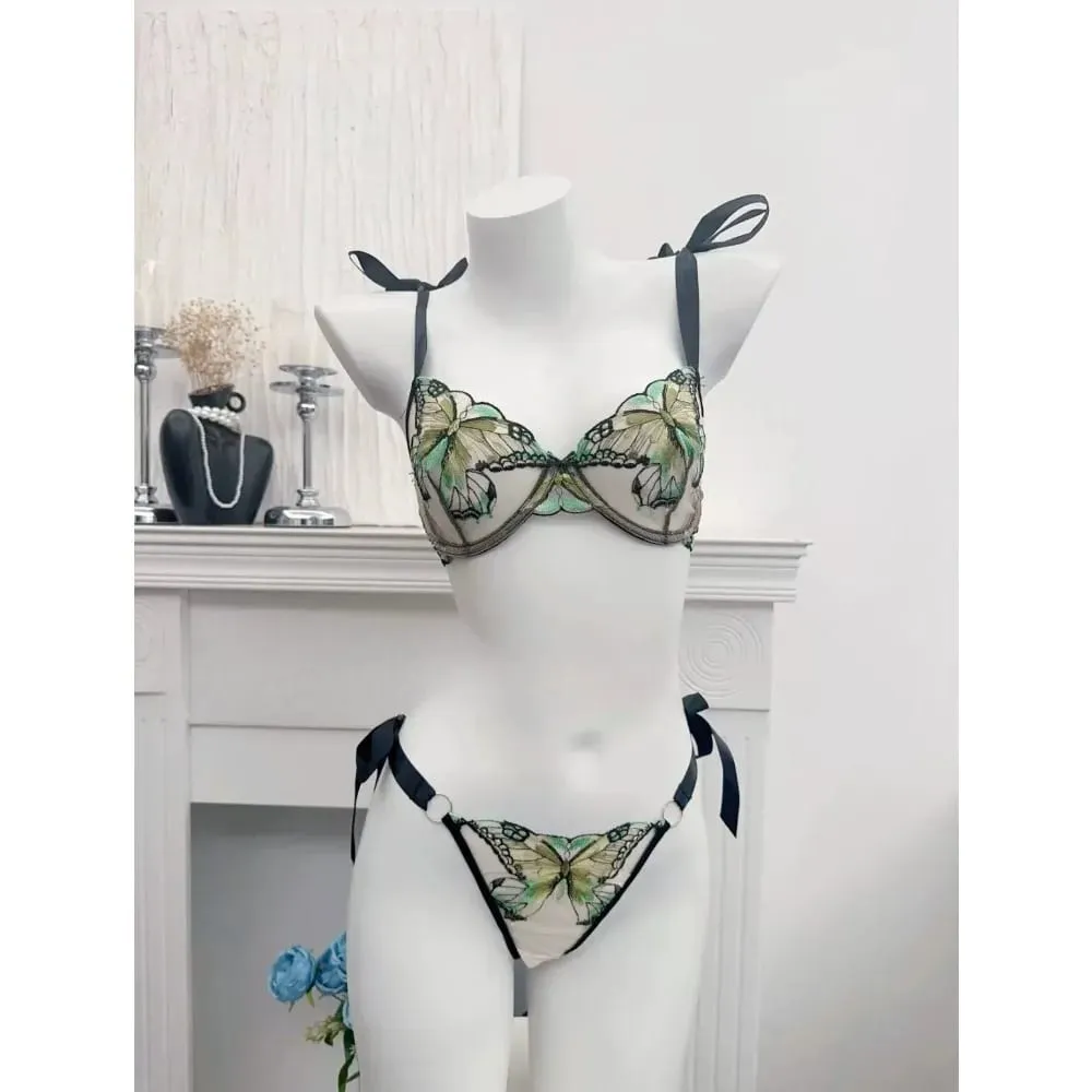Modest Romantic Lace Butterfly Embroidery Bra Sheer Mesh Camisole Sleepwear Women Daily Wear Push Up Soft Lingerie Set 34-40 — image 4