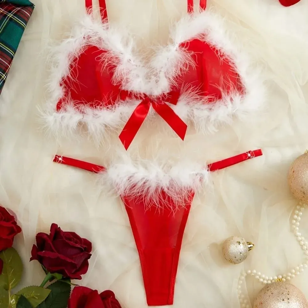 Furry Women's Underwear Wireless Mesh Transparent Lingerie Set Romantic Intimate Bow Decor Bra Panties Suit Anniversary — image 3