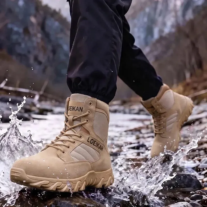 Men's Tactical Combat Boots Suede & Mesh Upper Lace‑up Anti‑slip Thick Sole Male High‑top Boots For Hiking Outdoor Activities