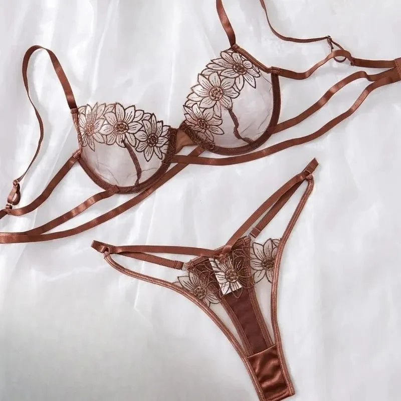 High-End Floral Embroidered Underwire Bra Set Women's Mesh Unlined Bra + Panties — image 1