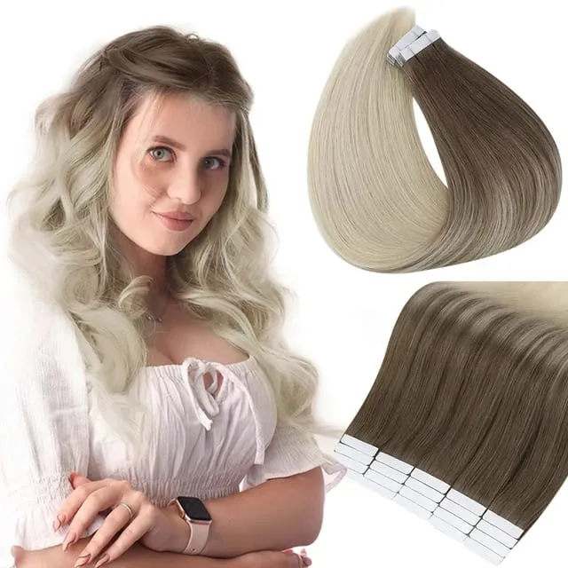 Full Shine Tape in Hair Extensions Human Hair Seamless Silky Straight Skin Weft 20Pcs 50G Add Length for Wedding