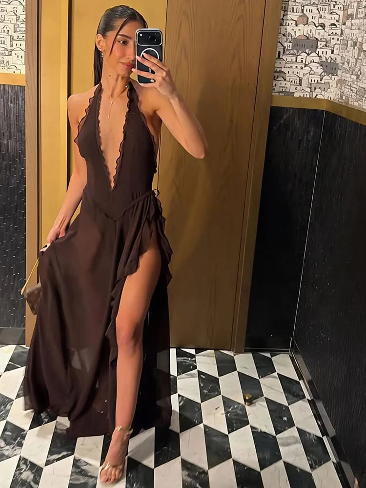 Mozision Gaun Maxi Seksi Punggung Terbuka Leher V Dalam Halter Gaun Panjang Pesta Klub Belahan Tinggi Tanpa Lengan Bahu Terbuka Elegan Wanita — image 2