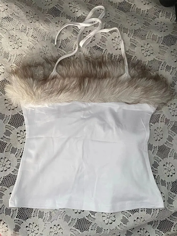 2026 Summer Women Y2K Grunge Goth Streetwear Sexy Faux Fur Trim Cross Letter Print Slim Fit Cropped Halter Neck Cami Tank Top — image 6