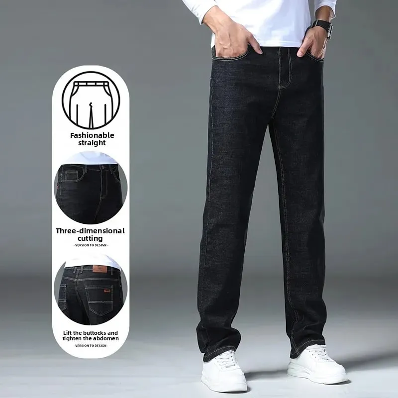 2026 New Men's Straight Denim Pants Brand Clothes Black Blue Jeans Classic Washed Stretch Cotton Business Casual Pants — image 3