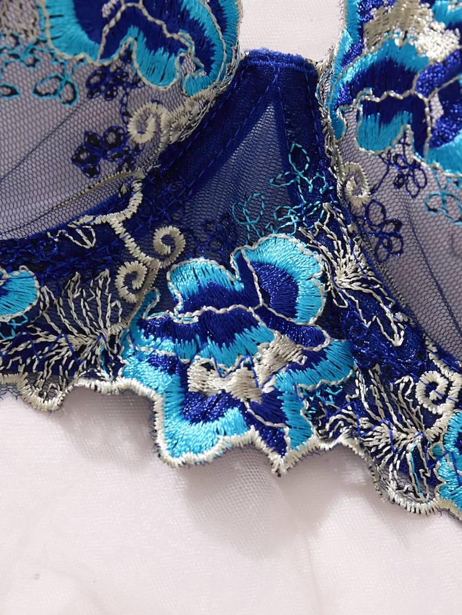Royal Blue Floral Embroidery Satin Mesh Lingerie Set Underwire Bra With Matching Thong Women Sexy Intimates ZA825146 — image 3