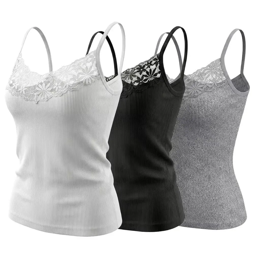 Solid Color Lace Tank Tops Ribbed Texture V Neck Design Ribbed Camisole Y2k Style Elastic Fabric Elastic Tank Tops For Women — image 5