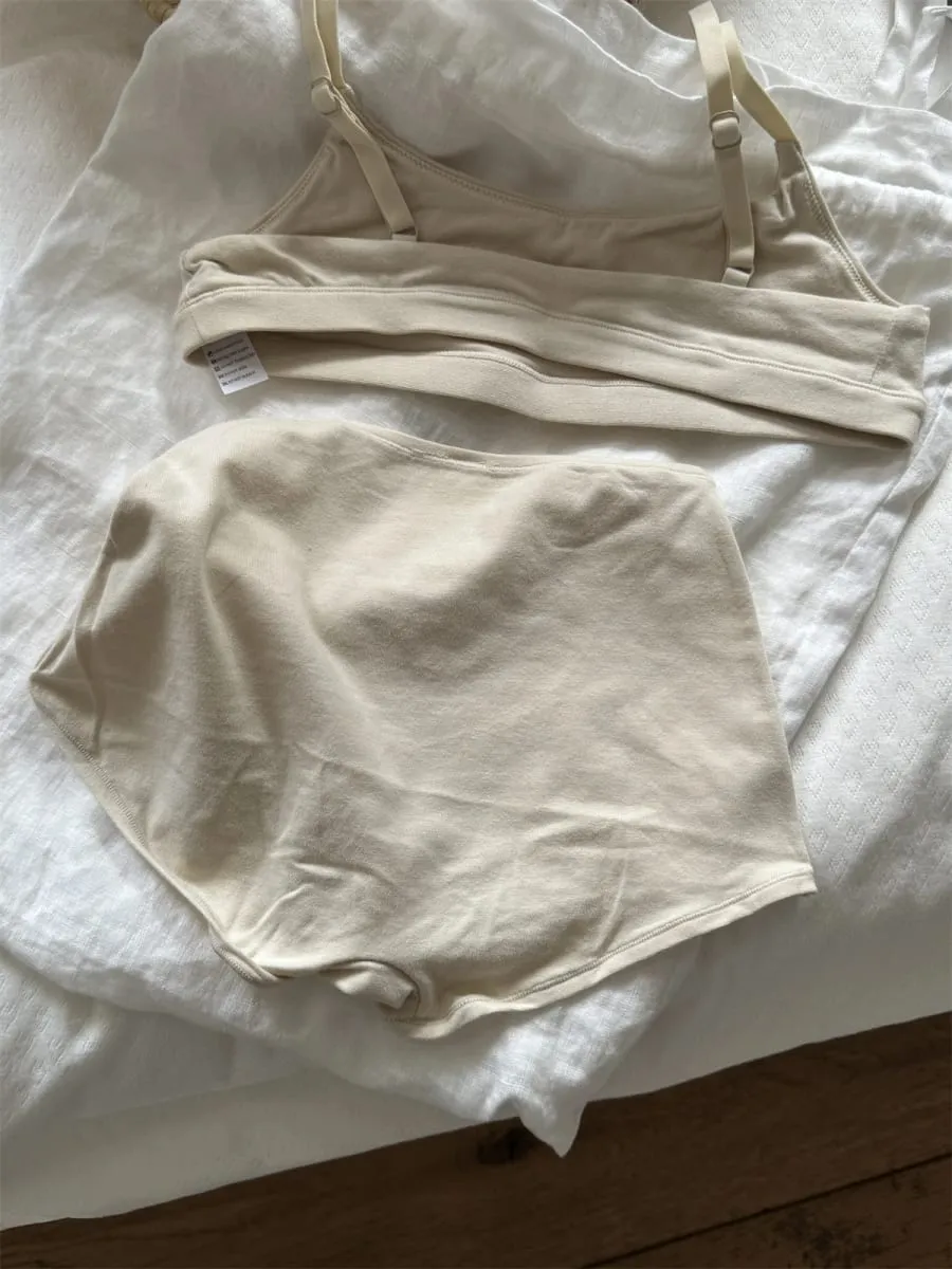 Vintage Cotton Sport Bra Set Woman Adjusted-strap Seamless Bra+Low Waist Boxer Briefs Solid Simple High Elasticity Lingerie Sets — image 2