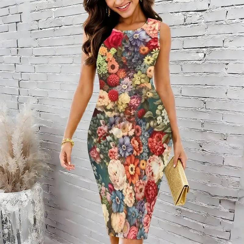 Women's Floral Print Sleeveless Round Neck Midi Dress Slim Fit Bodycon Casual Work Dresses — image 3