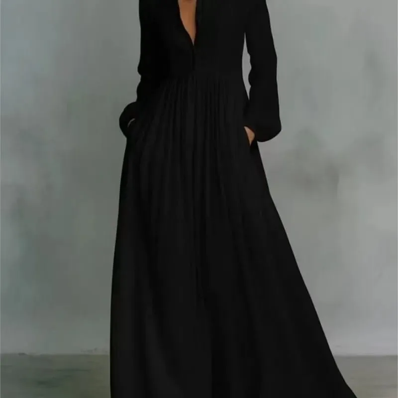 Women's Elegant Single Breasted Long Dress 2026 French High Waist Solid Pockets Pleated Maxi Evening Dress — image 6
