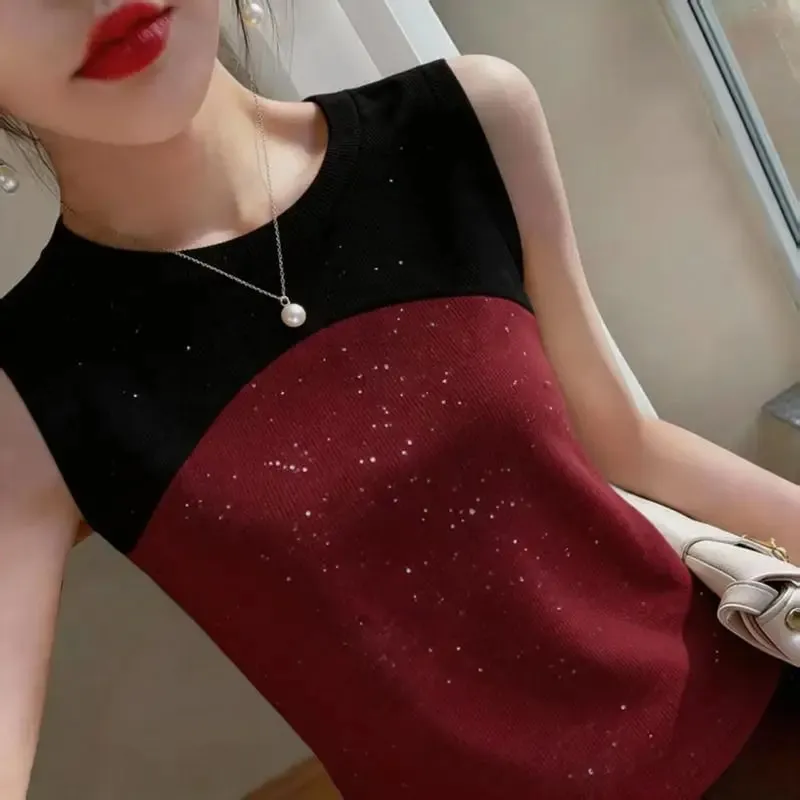 Sleeveless O-neck Contrast Patchwork Plus Size Elegant Tanks Summer Ice Silk Slim Vintage T Shirts Fashion Trend Women Clothing — image 4