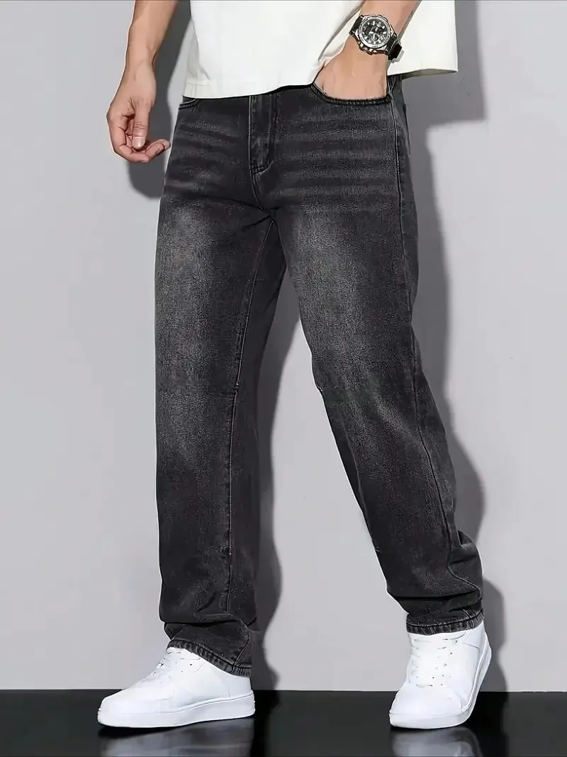 Men's Black Washed Loose-Fit Jeans Straight-Leg Casual Streetwear Trousers for Daily Wear Comfortable Denim-Like Pants