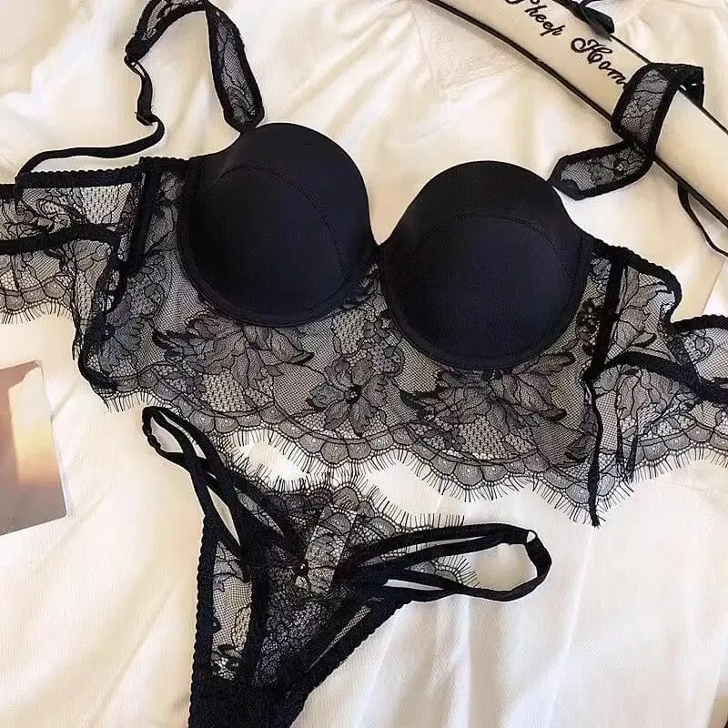セクシーな Women Chic Lace Lingerie 2‑Pcs Set Soft Underwire Deep U‑Back Thin Cup Push‑Up Summer Breathable Intimate Underwear S-XL