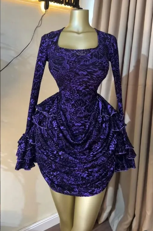 CM.YAYA Wanita Tie Dye Print Cascading Ruffles Bell Lengan Panjang Bodycon Ruched Draped V-neck Dress Pakaian Percutian Pantai
