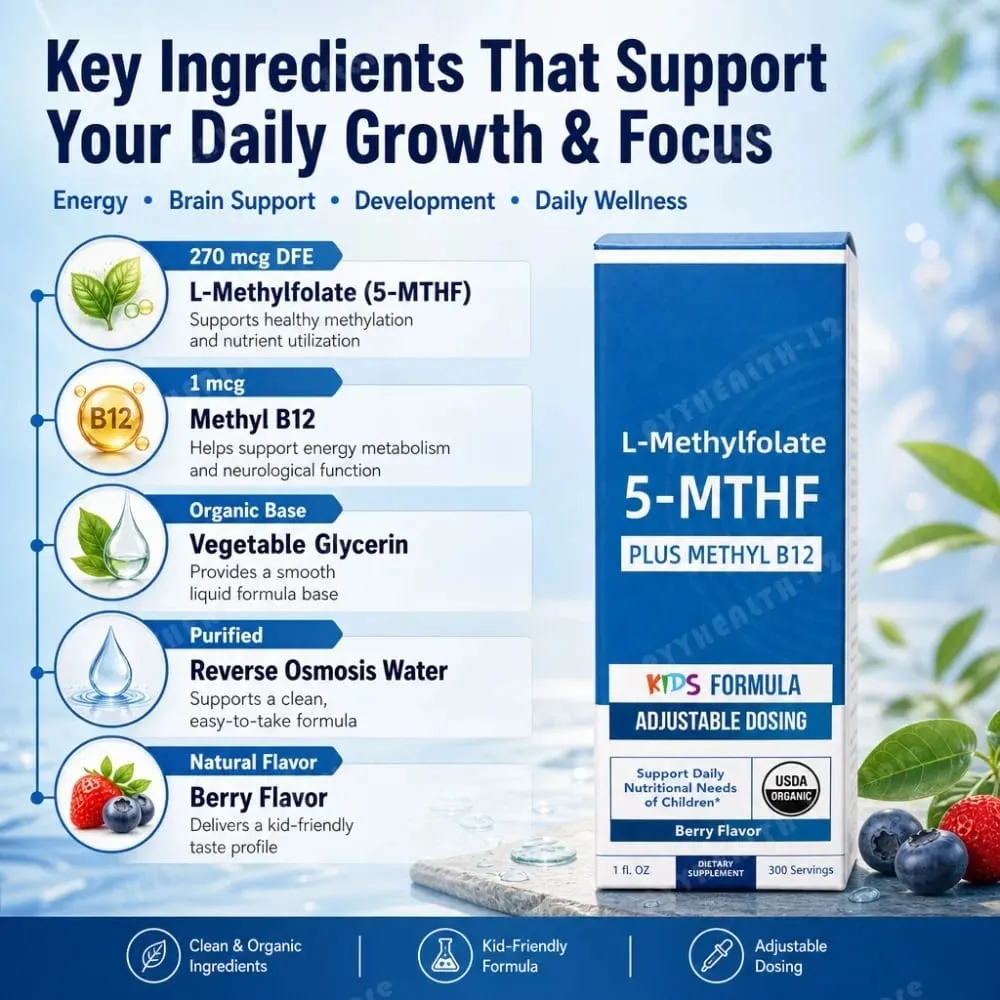 Kids L-Methylfolate 5-MTHF Drops with Methyl B12 Organic Berry Flavor Liquid Folate Supplement for Children Vegan Formula 30ml — image 3