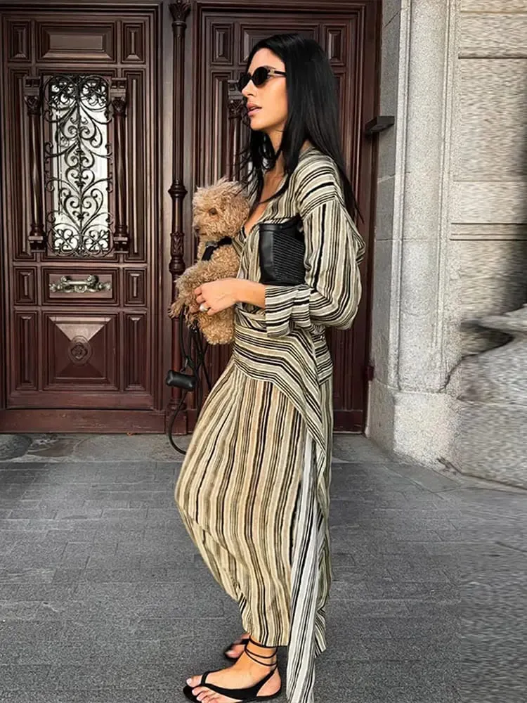 Casual Stripe Maxi Dresses Women Loose Full Sleeves Deep V-neck Ankle-length Dress 2026 New Ladies Summer Vacation Beach Outfit — image 5
