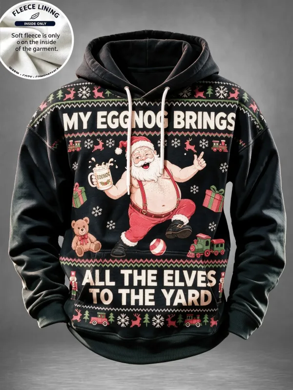 Men Fleece Lined Hoodie Christmas Santa Costume Pattern Print Pullover Hooded Sweatshirt Winter Top