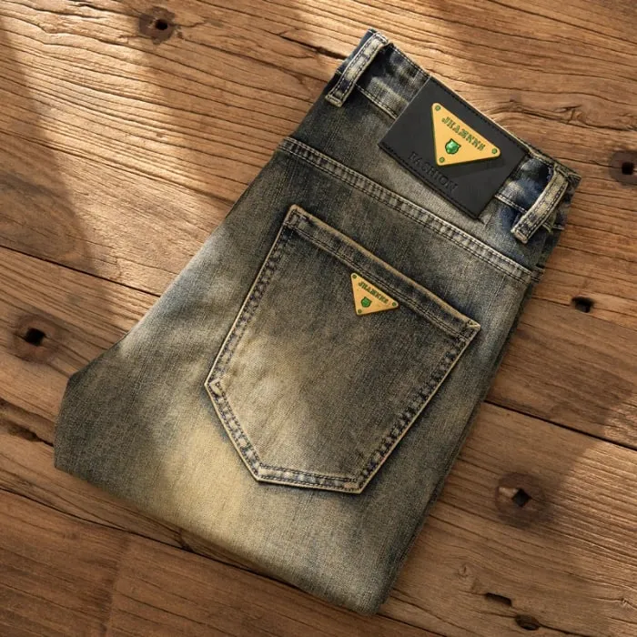 European Trendy Brand Yellow Mud Jeans Men's Retro Old Slim Fit Fashion Long Pants Autumn and Winter Thick Pants