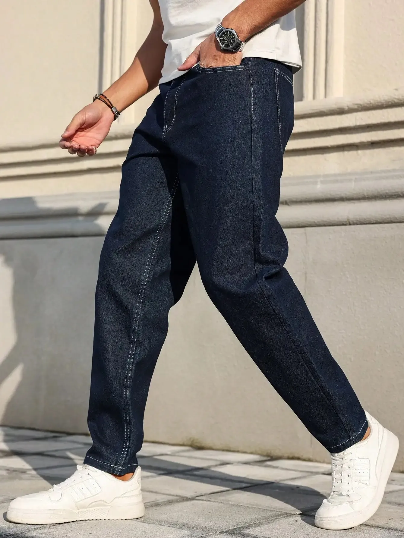 Men Raw Dark Blue Denim Jeans Contrast Stitching Loose Tapered Pants Vintage Non‑wash Straight Taper Trousers Streetwear