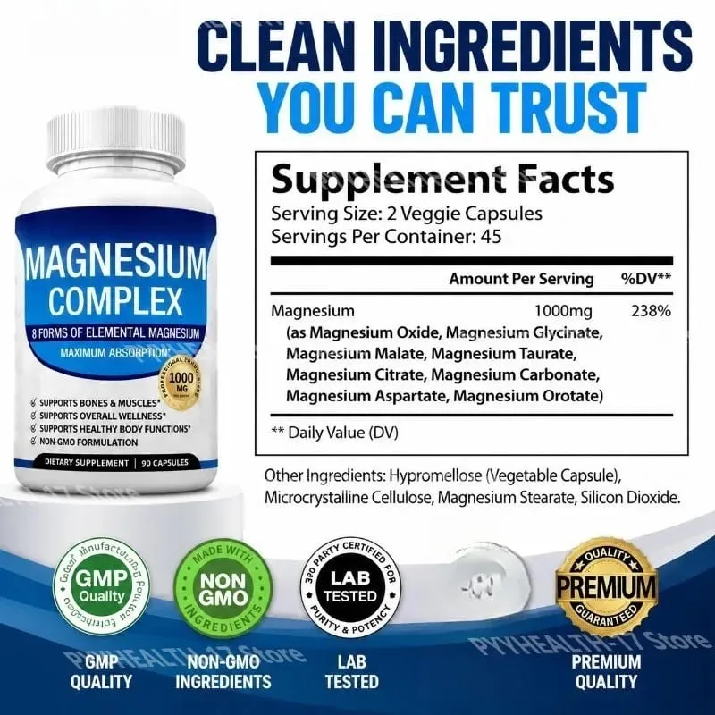 Nutrition Magnesium Complex Capsules 8-Form Elemental Magnesium Supports Healthy Body Functions 1000 Mg 90 Capsules — image 3