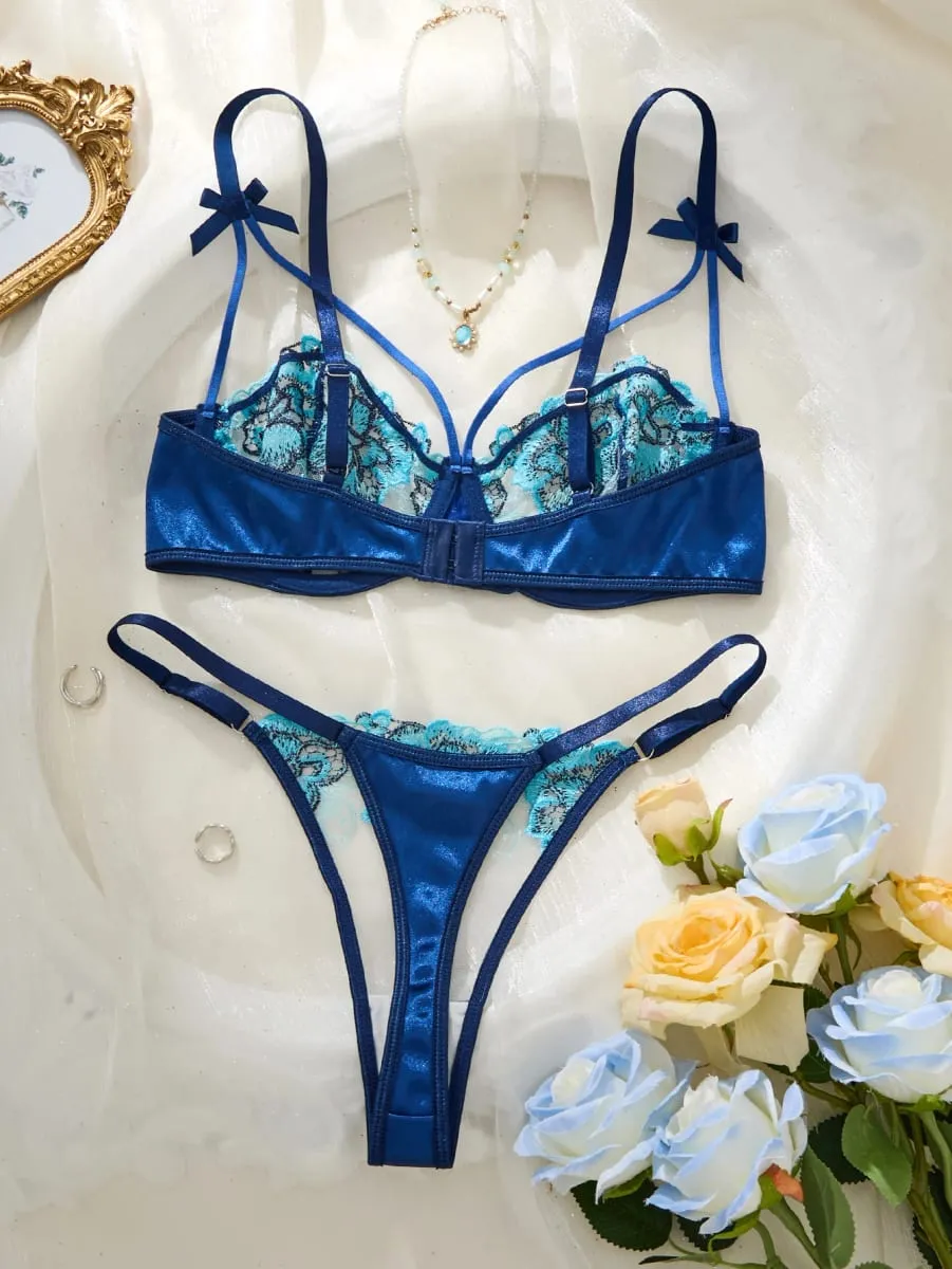 Blue Flower Lace Lingerie Set Shoulder Bow Strappy Underwire Bra Adjustable Briefs Seductive Boudoir Intimate Outfit