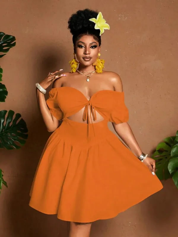 Plus Size Women One-Shoulder Waist-Tie Bubble Sleeve Dress Summer Vacation Style Casual Short Dress Plain Pattern — image 9