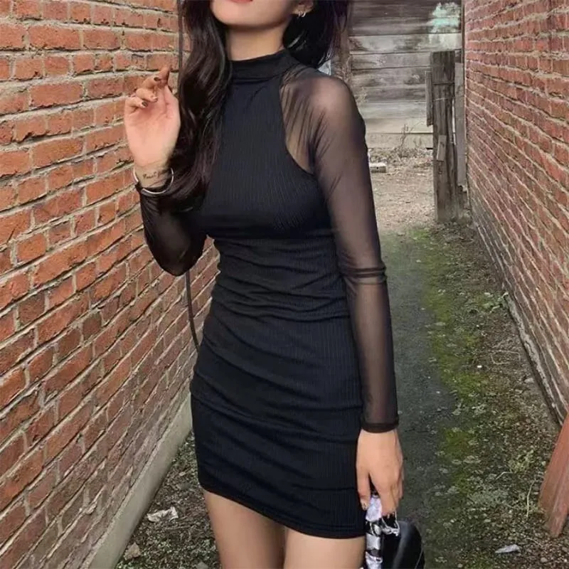 Mesh Patchwork Half High Neck Women Dresses Black Fashion See Through Long Sleeve Skinny Clubwear Female Mini Dress Bodycon — image 2