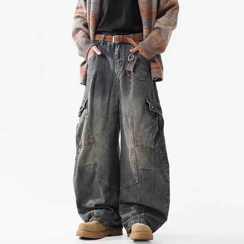 Retro Multi Pocket Curved Knife Jeans Autumn And Winter Vintage Wide Leg Workwear Pants Korean Version High Street Men'S Jeans — image 3