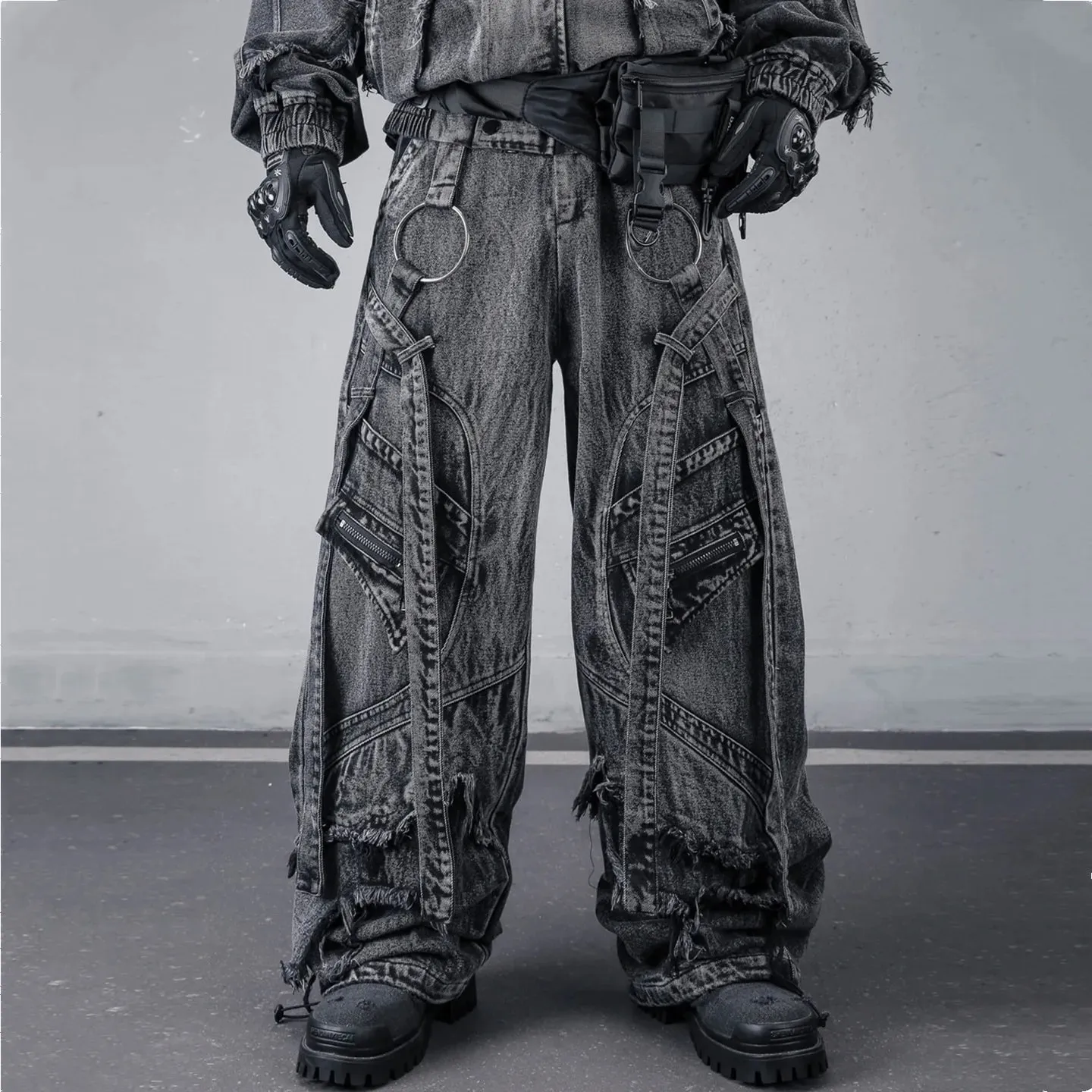 Deconstructed Straps Washed Vintage Cargo Jeans Man Woman Techwear Wasteland Style Wide Leg Tactical Baggy Pants Street Wear — image 2