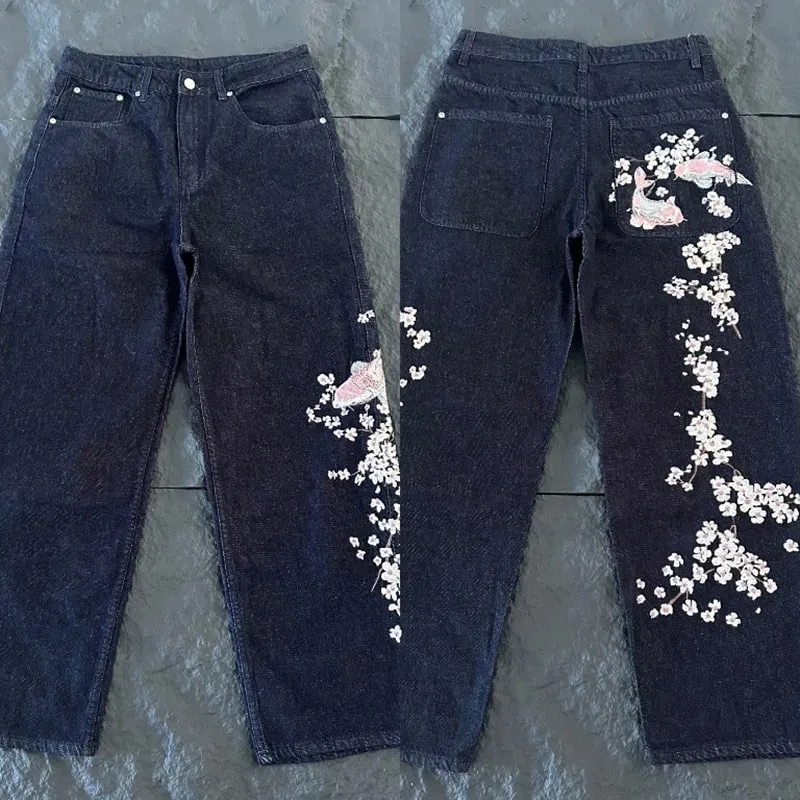 New DERSCHUTZE Unisex Jeans Loose Straight Leg Denim Pants Big Chinese Dragon Embroidery Retro Washed Black Street Trousers