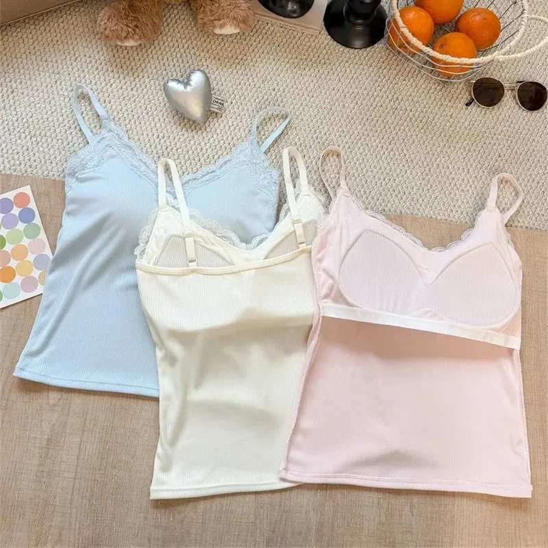 Spaghetti Strap Camis 2026 Summer Lace Ribbed Women Tank Top With Built In Bra Pads Slim Fit Crop Top For Inner & Outer Wear — image 8