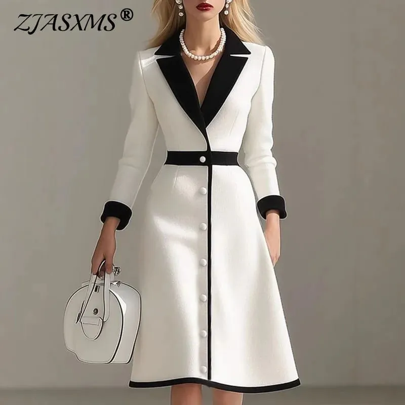 French Color Block Notched Collar Blazer Dresses Woman Button Decoration A-Line Office Dress Fall 3/4 Sleeve Elegant Party Dress — image 2