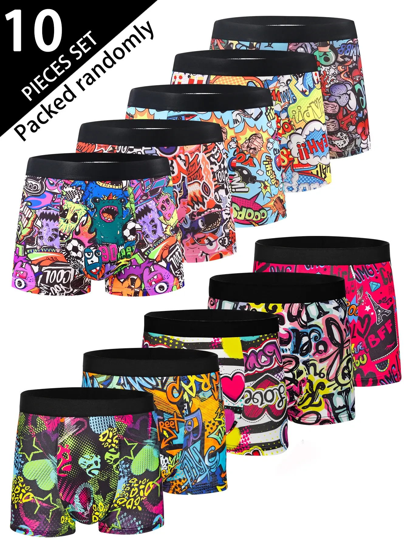 10-Pack Fashionable Men's Boxer Shorts, Comfortable, Soft, Fashionable, Printed, Casual and Versatile Men's Underwear