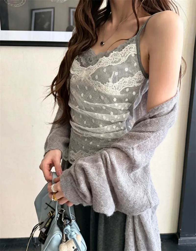 Women's Polka Dot Lace Spaghetti Strap Camisole with Pad Bust Adjustable Straps Side Lace Sexy Summer Daily Top A33079 — image 2