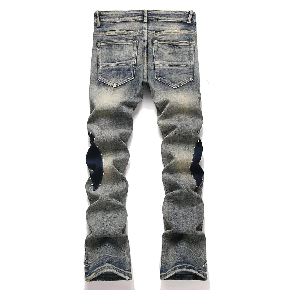 Men's Pearl Boot Cut Denim Jeans Embroidery Patch Slim Flared Pants Casual Streetwear Vintage Blue Trousers — image 2