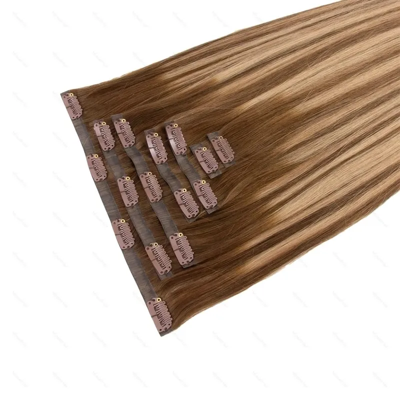 PU Clip Ins Human Hair Premium Remy Clip In Extensions On Tape Weft Silk Straight European Real Natural Hair 14-24inch 7pcs 110G