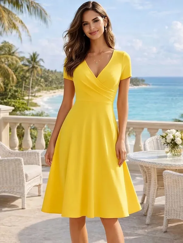 Women's Elegant Round Neck Summer Short Sleeve Solid A-Line Knee-length Dress High Waist Swagger Party Wedding Casual Departure — image 9