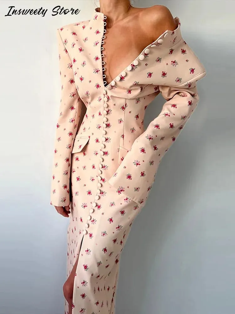 Elegant Printed Split Maxi Dresses Women's Slim With Shoulder Pad Single Breasted Full Sleeves Dress 2026 Summer New Lady Robes — image 2