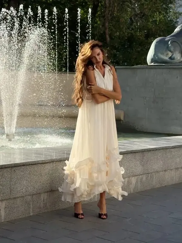 Ruffle Solid Maxi Dress Women Fashion Lapel V-neck Sleeveless Pleated High Waist Dresses 2026 Summer Lady Chic Vacation Robes